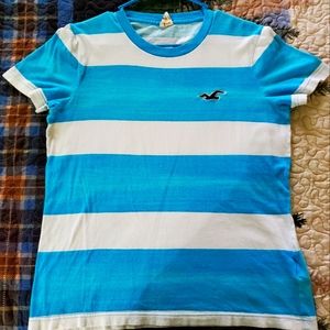 Medium Blue and White Striped Hollister Tee Shirt